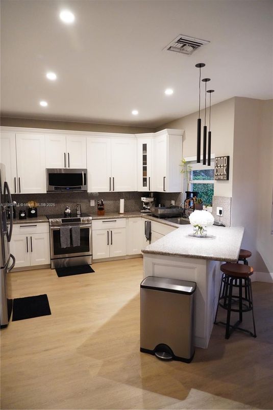 Interior, Kitchen, Pendant Lights, Recessed Lighting, Wood Texture Flooring
