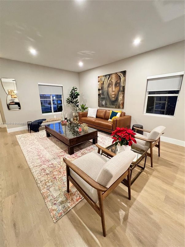 Fireplace, Interior, Living room, Recessed Lighting, Wood Texture Flooring