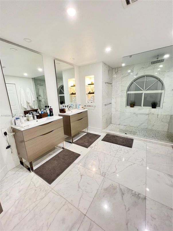 Bathroom, Glass Shower, Interior, Marble, Marble Walls, Recessed Lighting