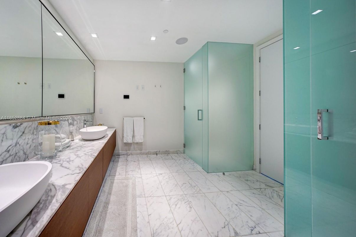 Bathroom, Dual Sink Vanities, Glass Shower, Interior, Marble, Recessed Lighting