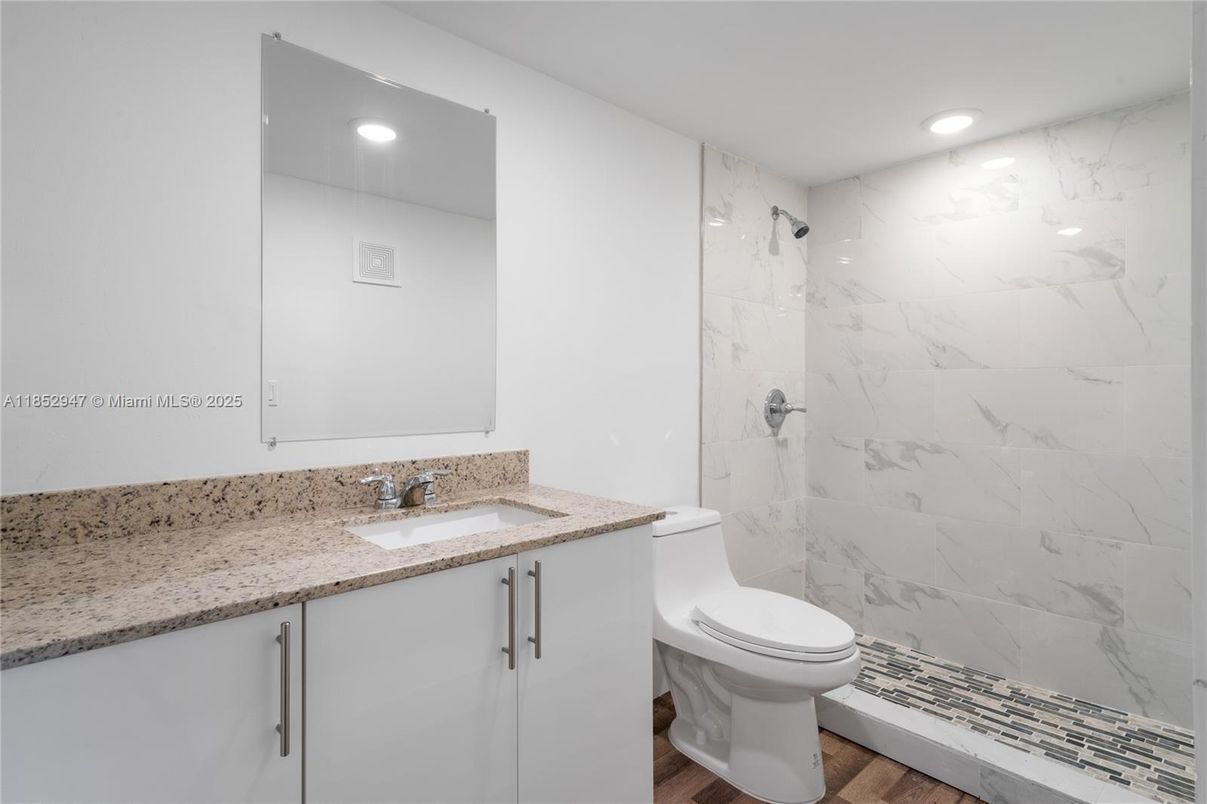 Bathroom, Interior, Marble Walls, Recessed Lighting, Wood Texture Flooring