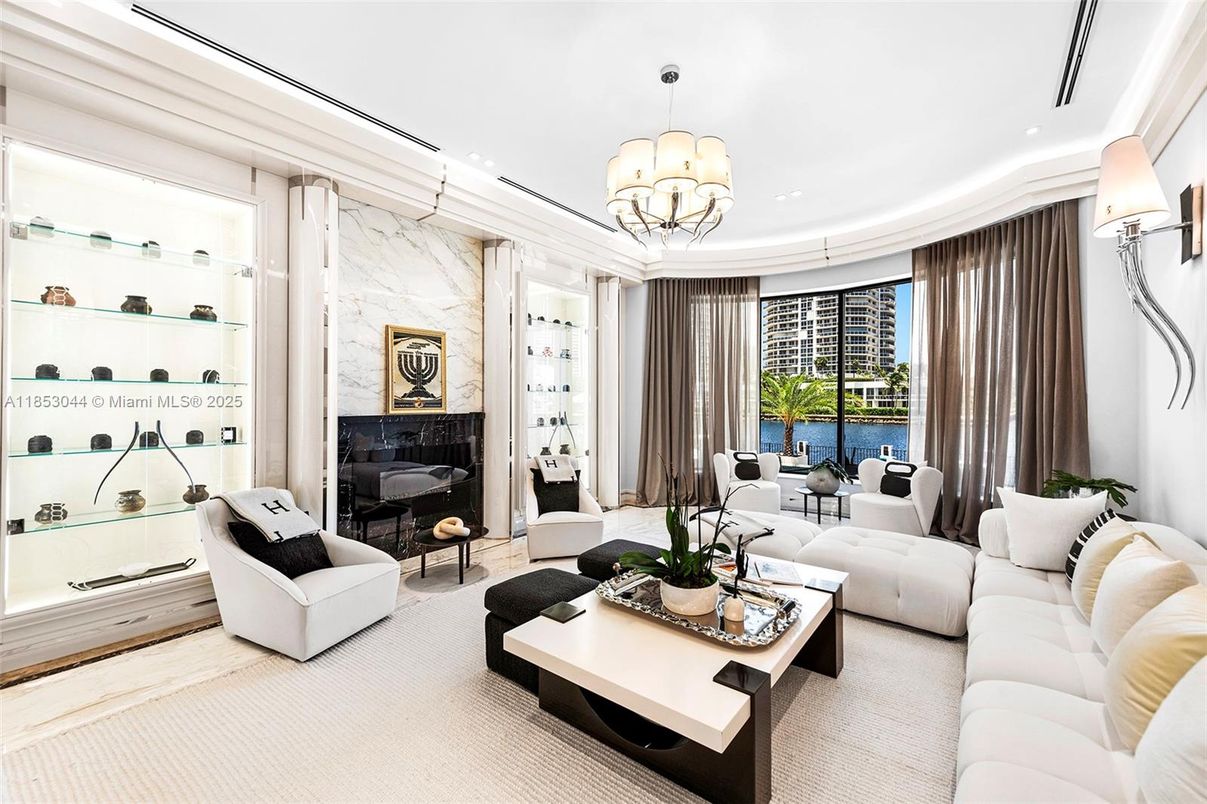 Chandelier, Fireplace, Interior, Living room, Marble Walls, Recessed Lighting, Water