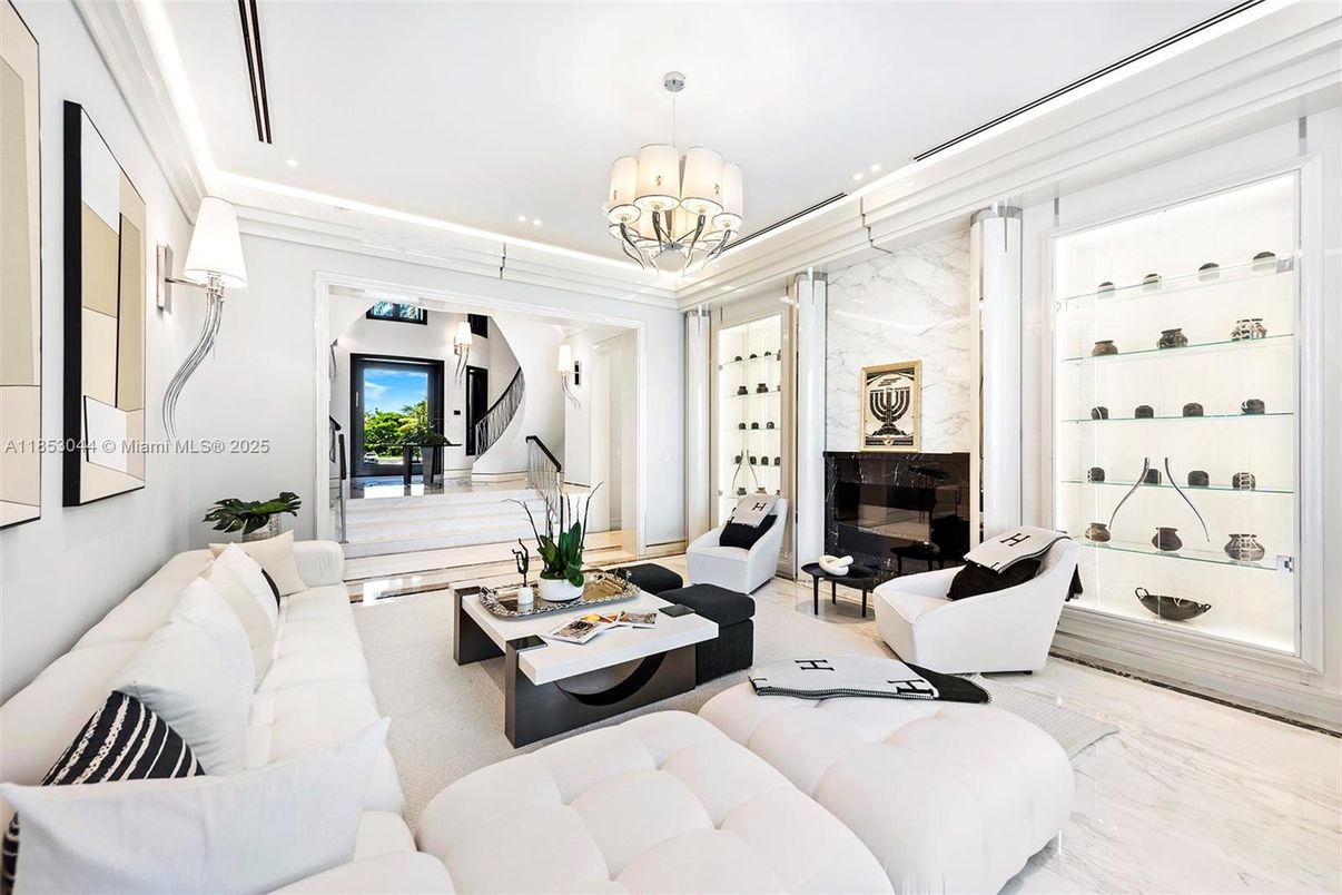 Chandelier, Fireplace, Interior, Living room, Marble, Recessed Lighting