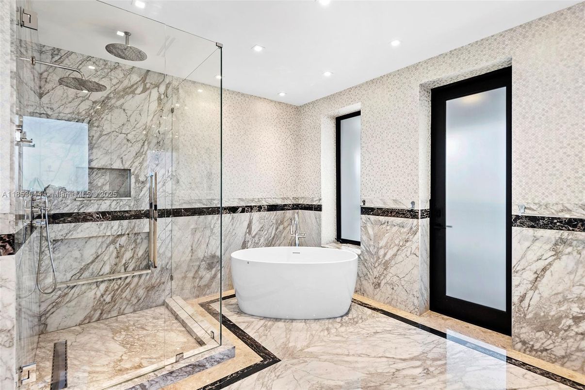 Bathroom, Free Standing Baths, Glass Shower, Interior, Marble, Marble Walls, Recessed Lighting