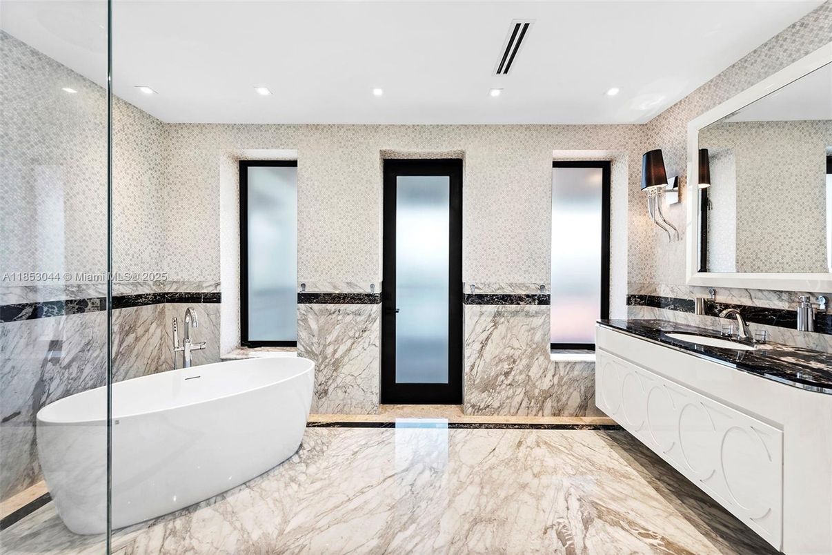 Bathroom, Free Standing Baths, Interior, Marble, Marble Walls, Recessed Lighting