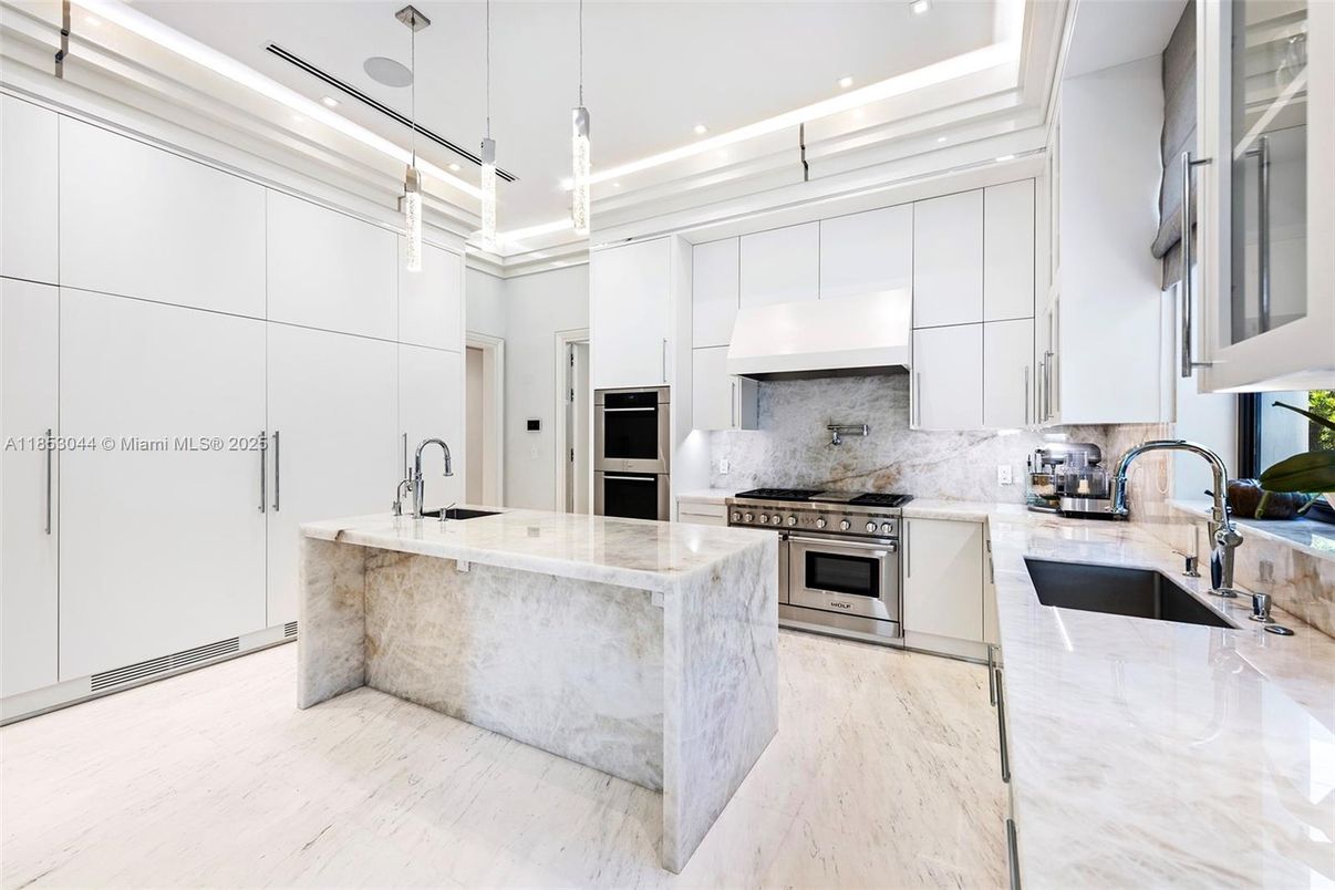 Interior, Kitchen, Marble, Pendant Lights, Recessed Lighting, Stainless Steel Appliances, Wood Texture Flooring