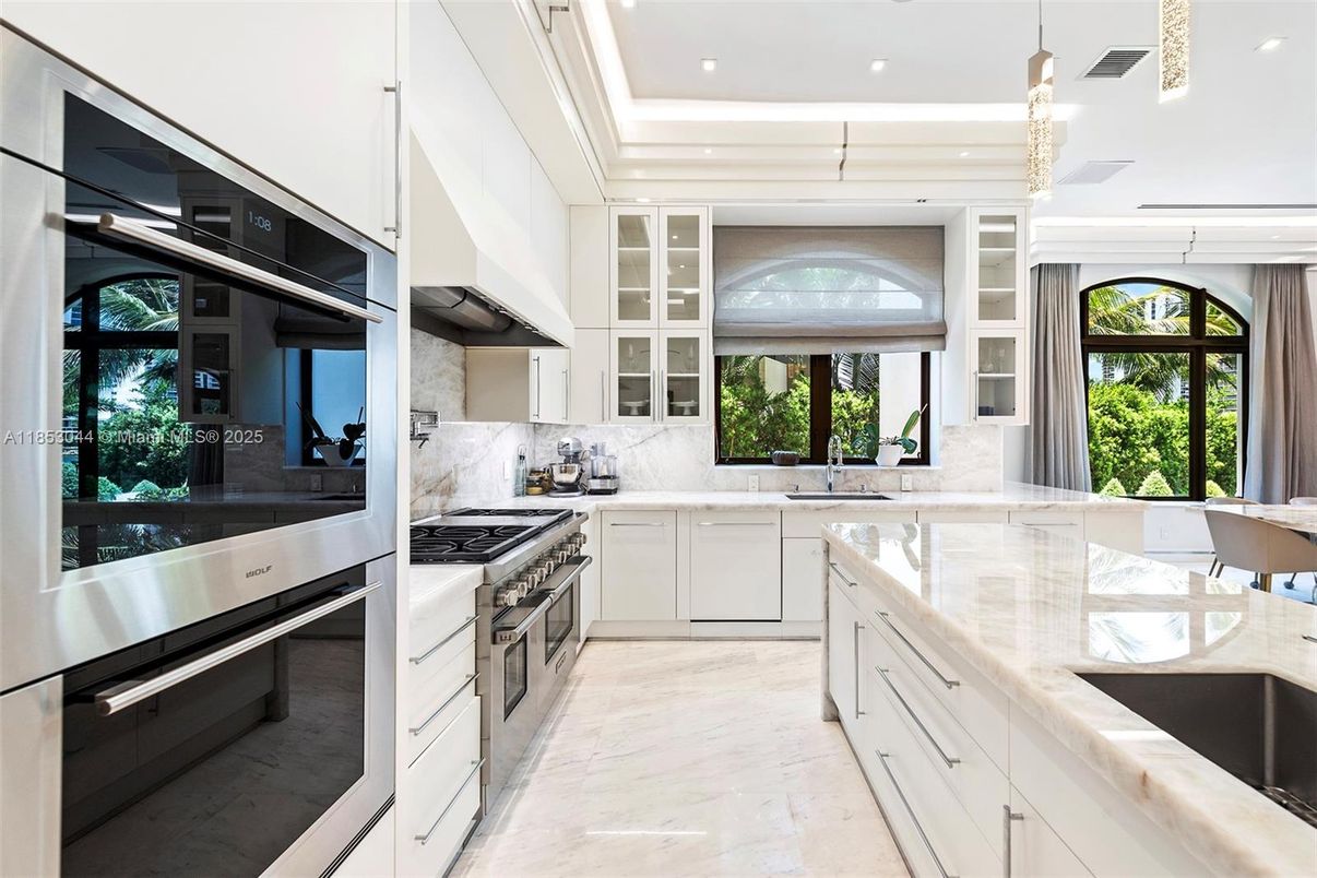 Interior, Kitchen, Marble, Pendant Lights, Recessed Lighting, Stainless Steel Appliances