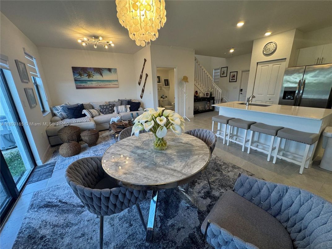 Chandelier, Dining room, Interior, Kitchen, Living room, Recessed Lighting, Stainless Steel Appliances