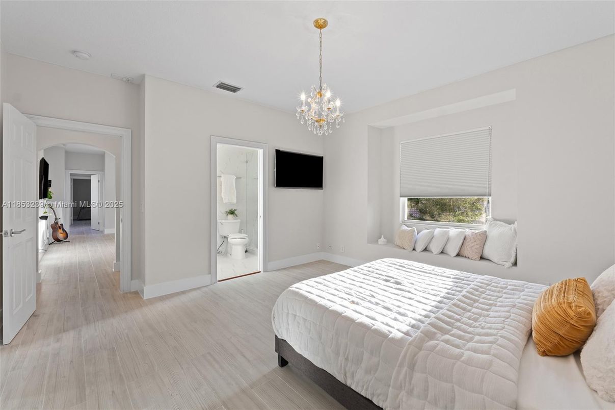 Bedroom, Chandelier, Interior, Wood Texture Flooring
