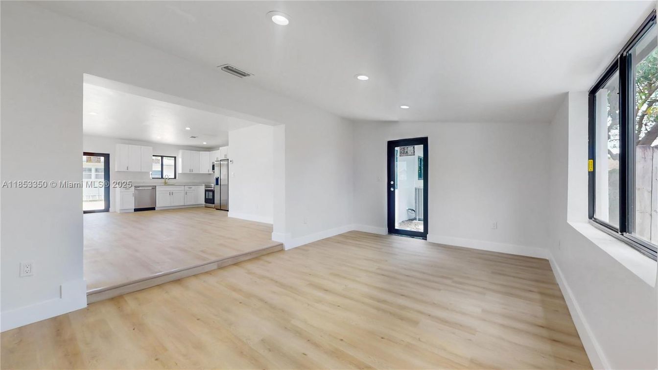 Empty room, Interior, Kitchen, Recessed Lighting, Wood Texture Flooring