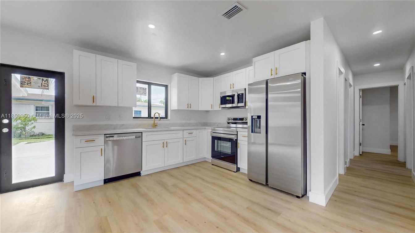 Interior, Kitchen, Recessed Lighting, Stainless Steel Appliances, Wood Texture Flooring