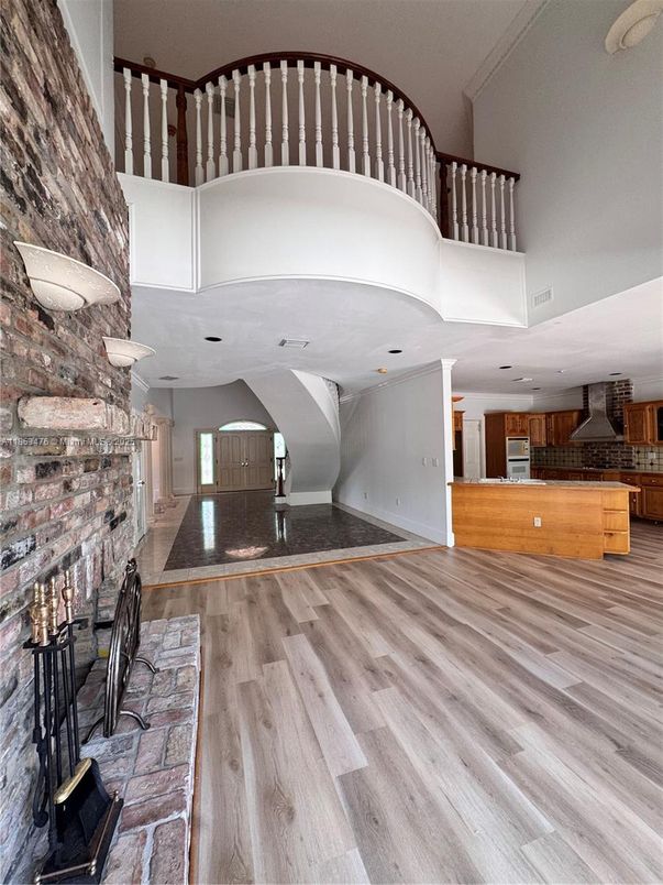 Interior, Kitchen, Recessed Lighting, Stone Walls, Wood Texture Flooring