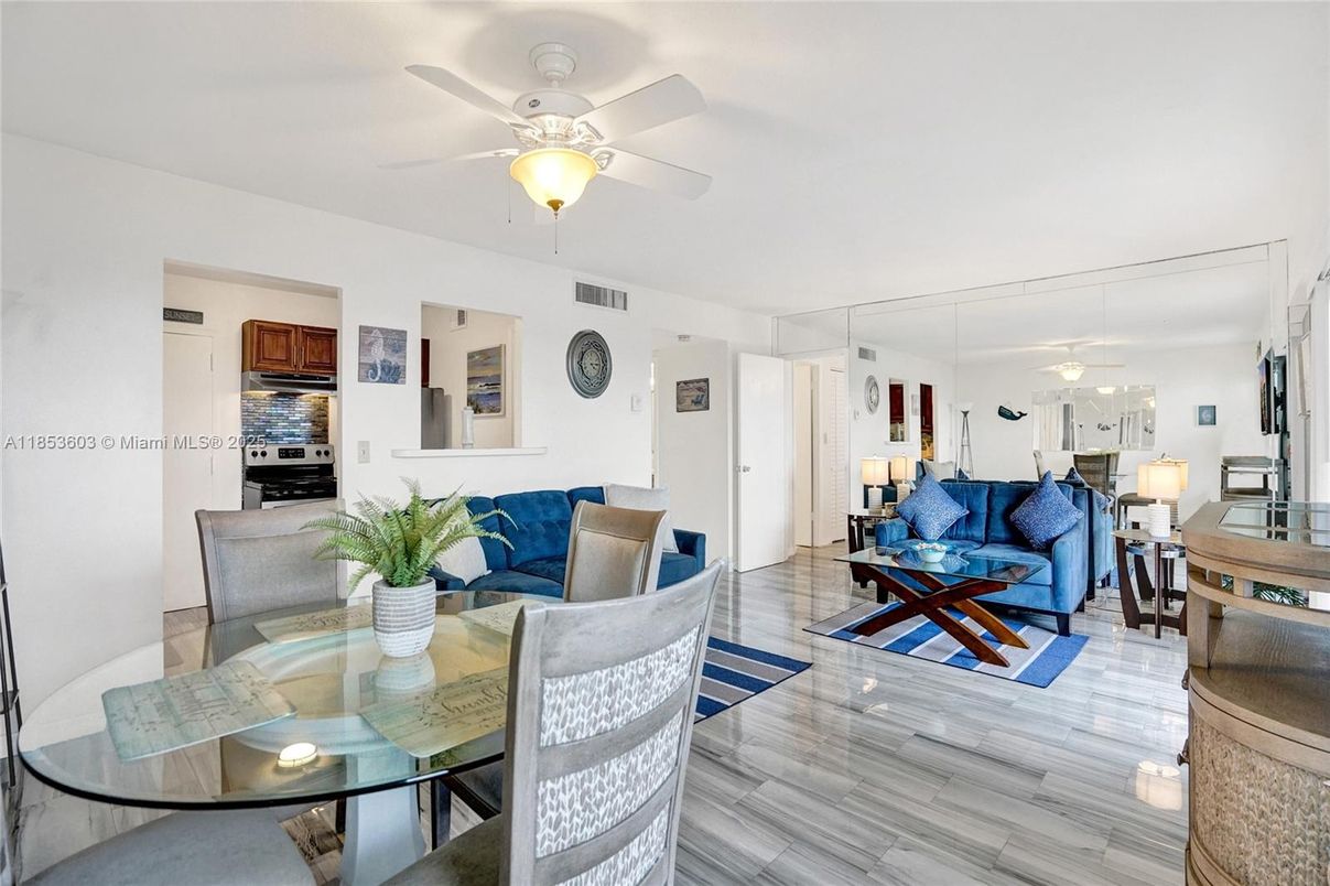 Dining room, Interior, Kitchen, Living room, Stainless Steel Appliances, Wood Texture Flooring