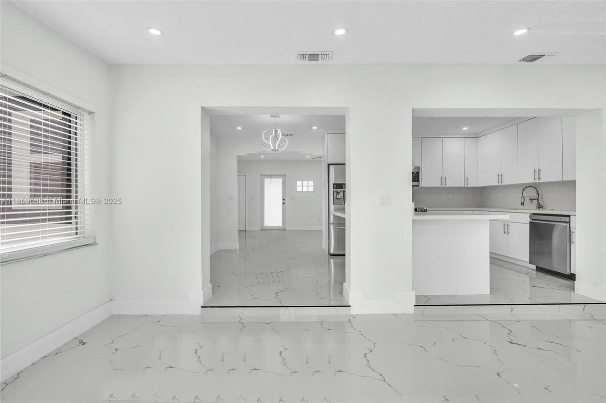 Interior, Kitchen, Marble, Pendant Lights, Recessed Lighting, Stainless Steel Appliances
