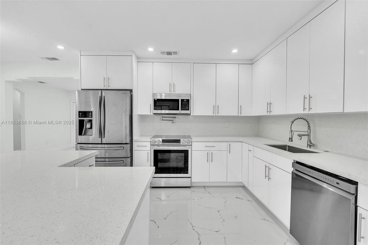 Interior, Kitchen, Marble, Recessed Lighting, Stainless Steel Appliances