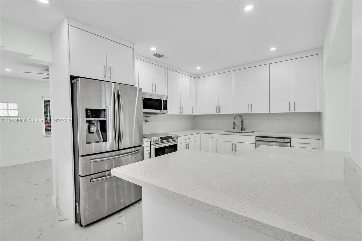 Interior, Kitchen, Marble, Recessed Lighting, Stainless Steel Appliances