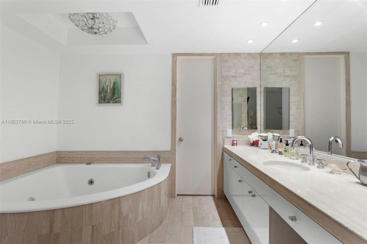 Bathroom, Dual Sink Vanities, Interior, Recessed Lighting, Wood Texture Flooring