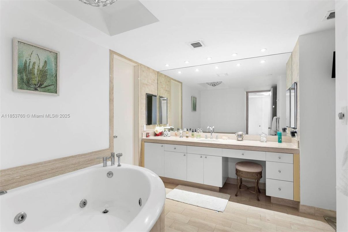 Bathroom, Dual Sink Vanities, Interior, Recessed Lighting, Wood Texture Flooring