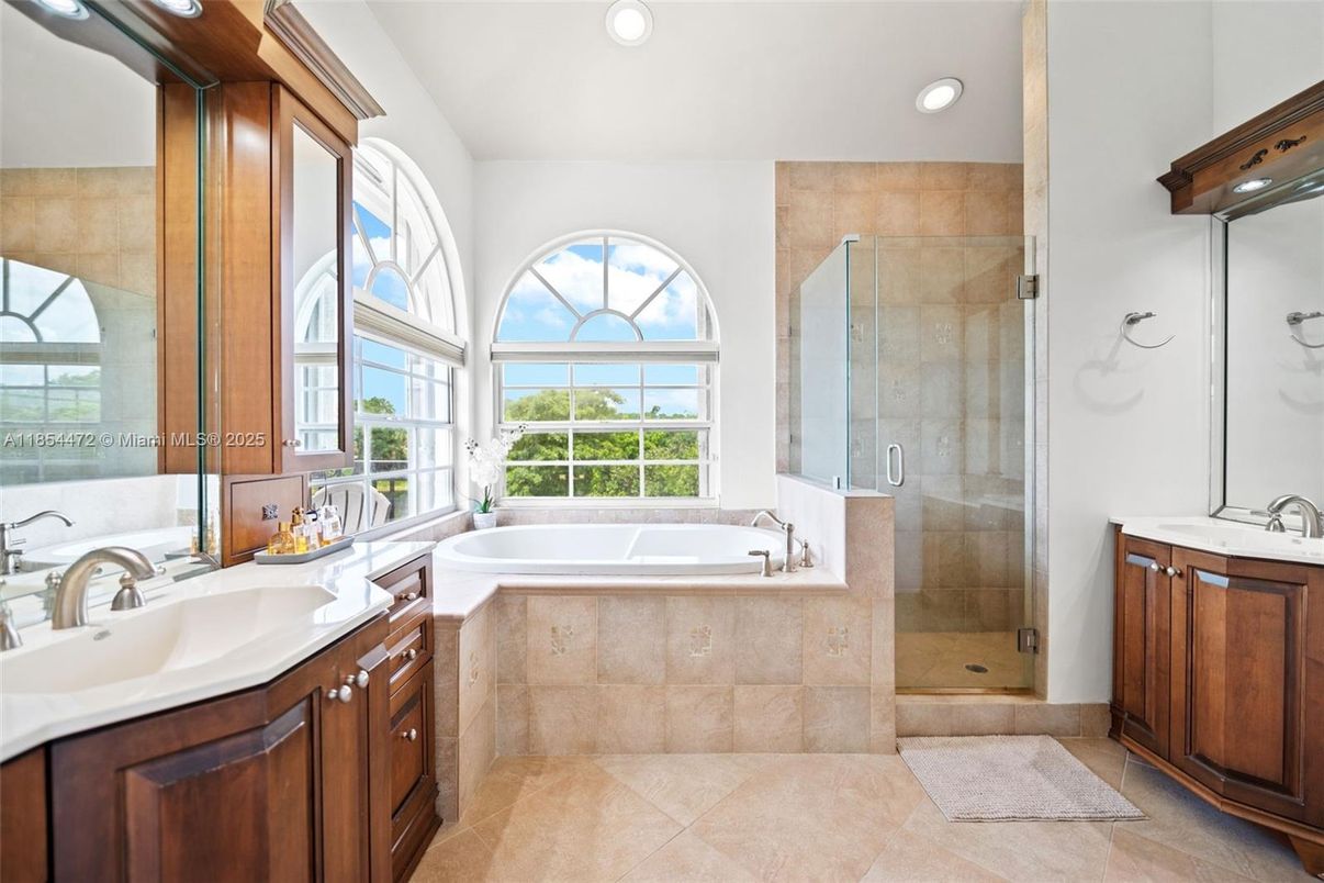 Bathroom, Dual Sink Vanities, Glass Shower, Interior, Recessed Lighting