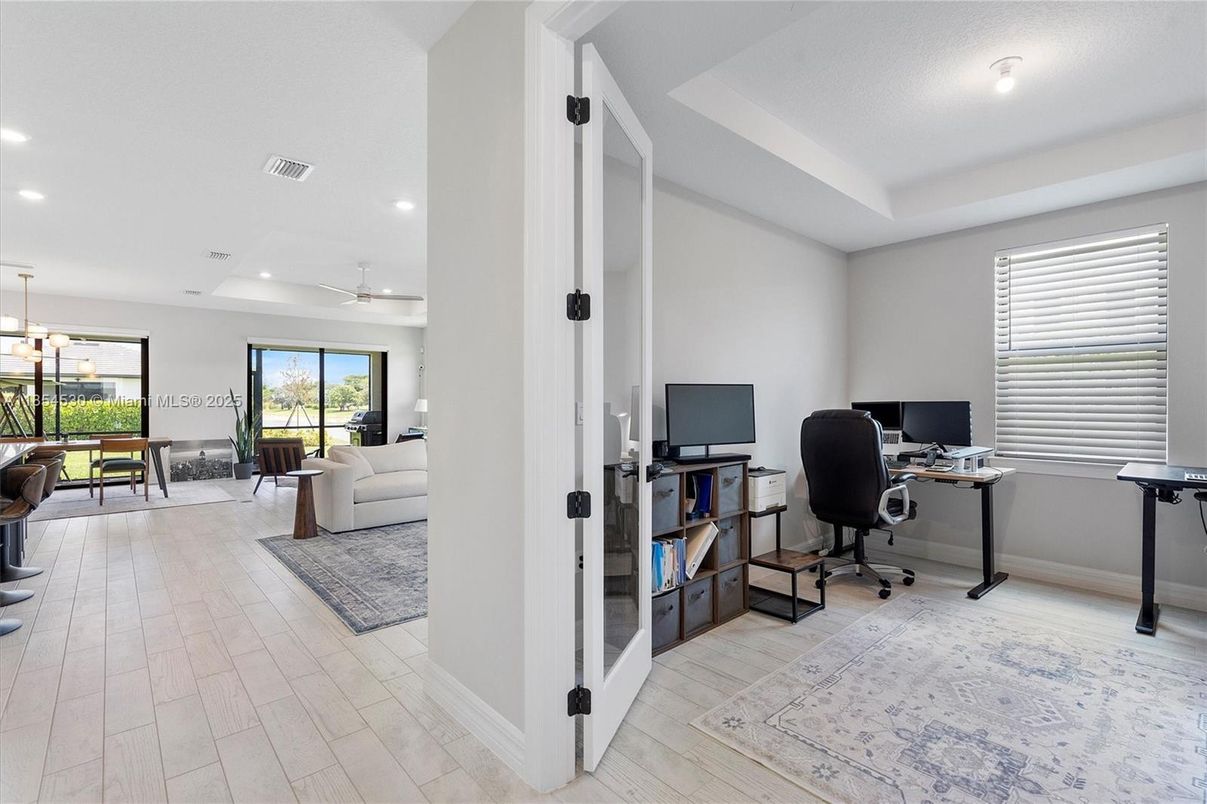 Home Office, Interior, Living room, Pendant Lights, Recessed Lighting, Wood Texture Flooring