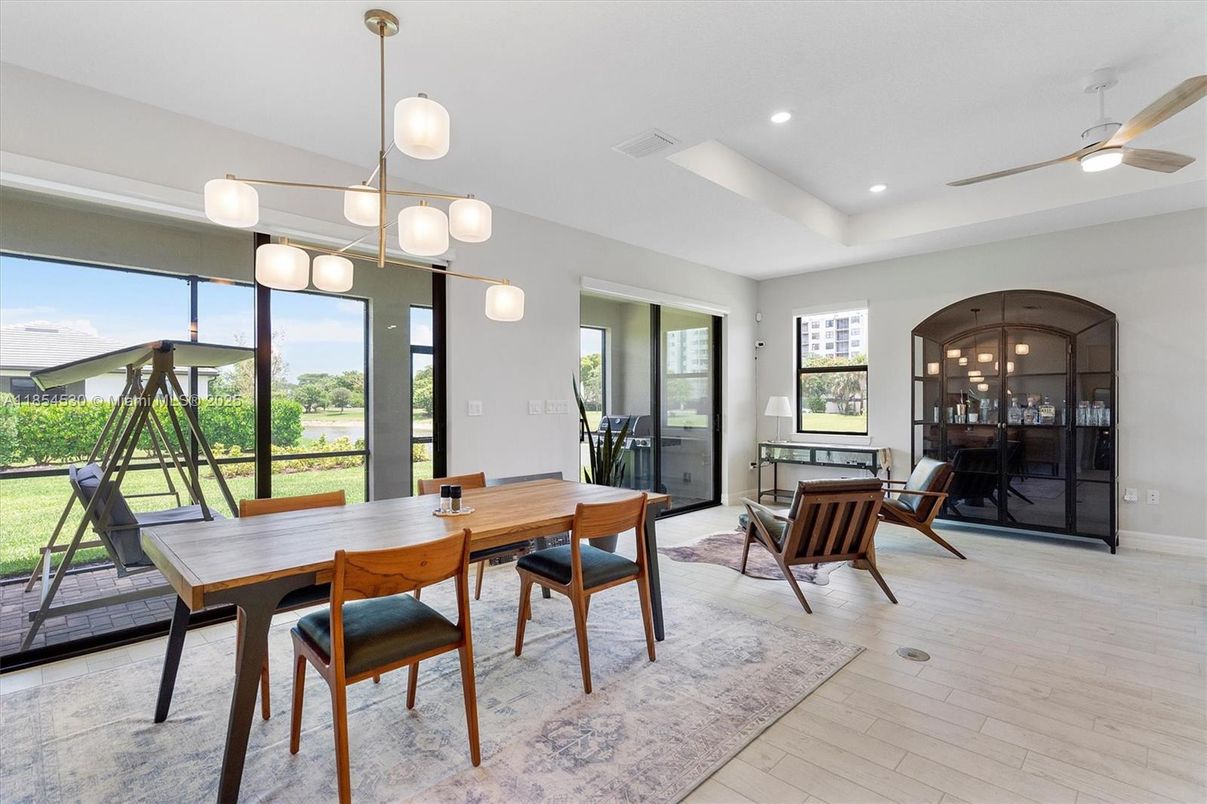 Dining room, Interior, Pendant Lights, Recessed Lighting, Wood Texture Flooring