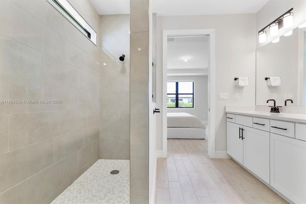 Bathroom, Glass Shower, Interior, Wood Texture Flooring
