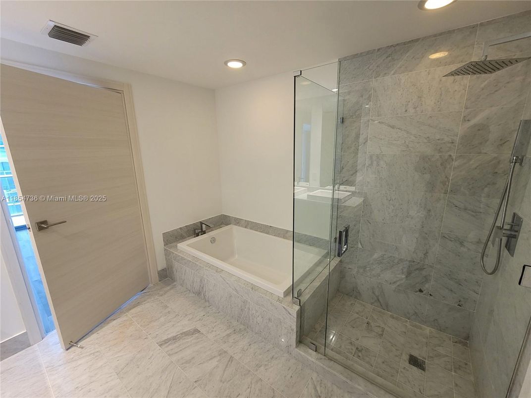 Bathroom, Glass Shower, Interior, Marble, Marble Walls, Recessed Lighting