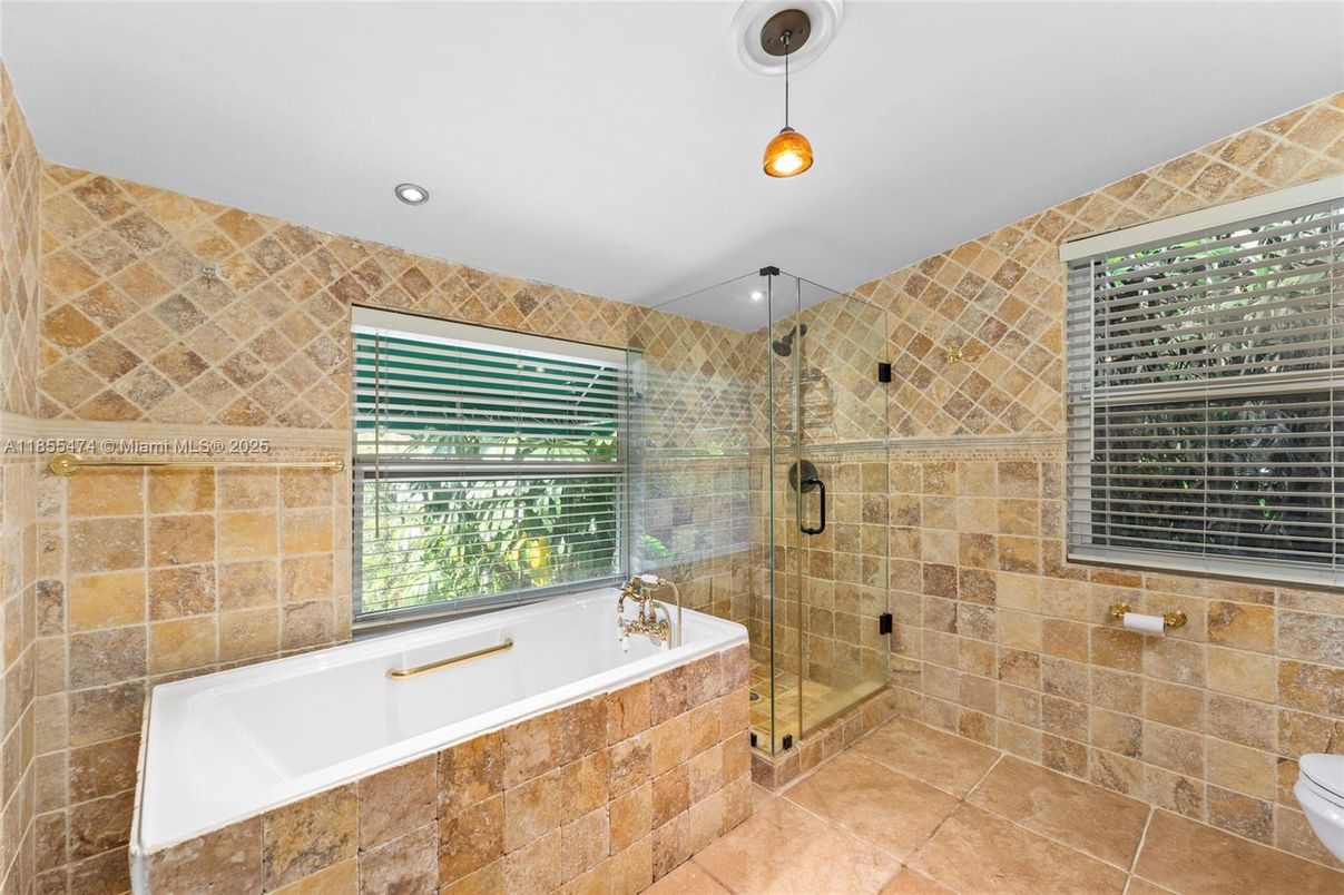 Bathroom, Glass Shower, Interior, Pendant Lights, Recessed Lighting, Stone Walls