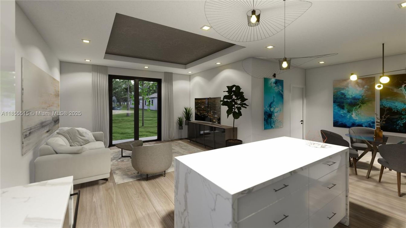 Dining room, Interior, Living room, Pendant Lights, Recessed Lighting, Wood Texture Flooring