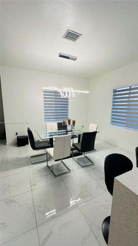 Dining room, Interior, Marble, Pendant Lights