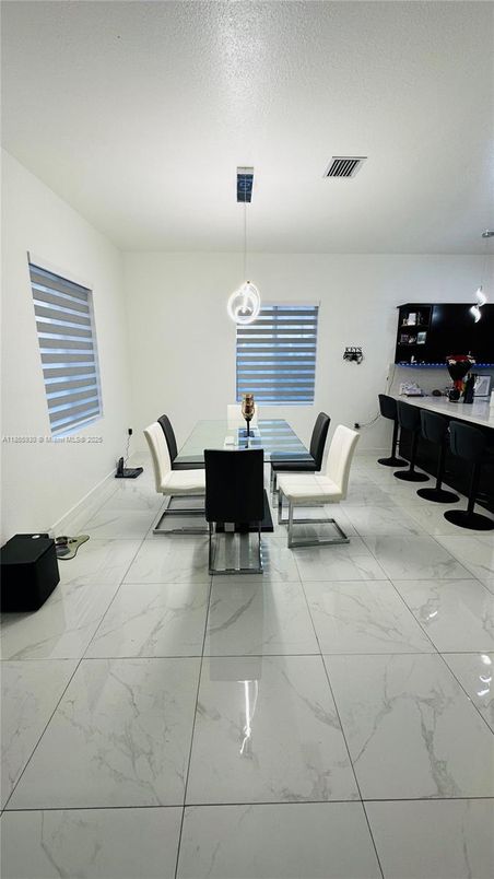 Dining room, Interior, Marble, Pendant Lights