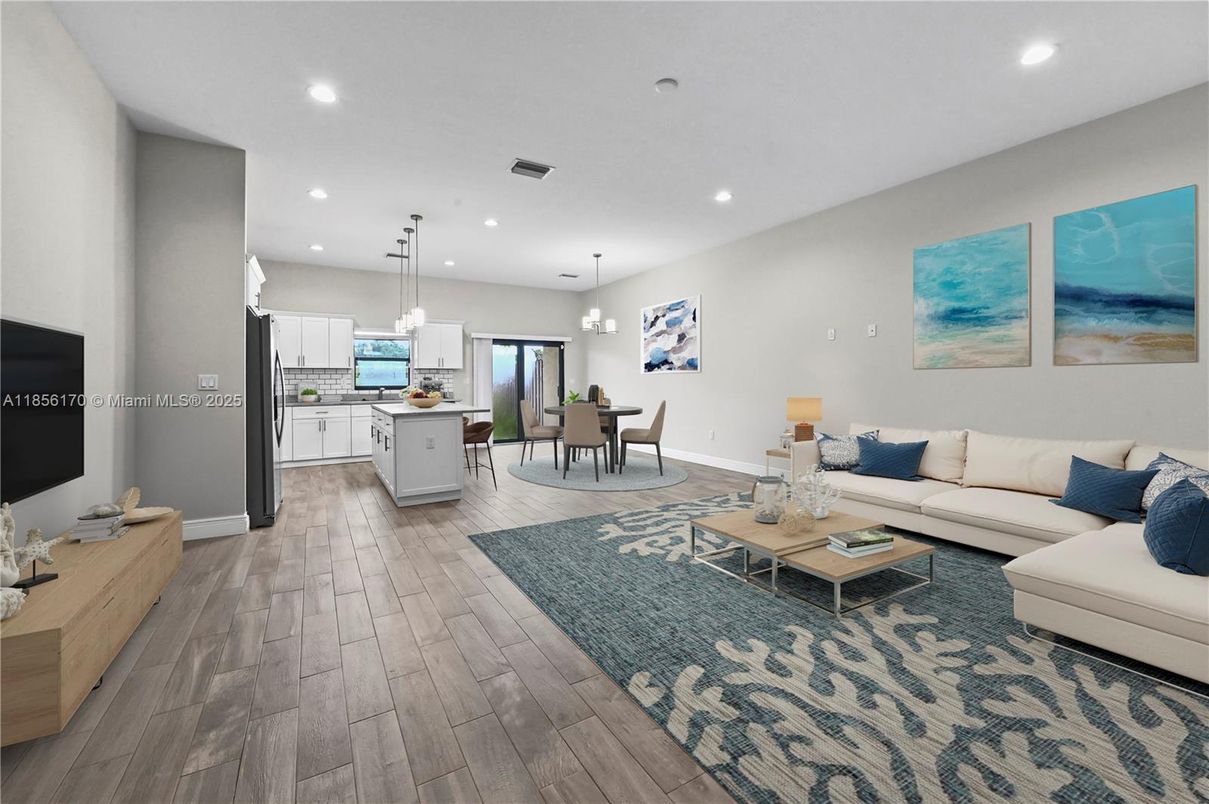 Dining room, Interior, Kitchen, Living room, Pendant Lights, Recessed Lighting, Wood Texture Flooring