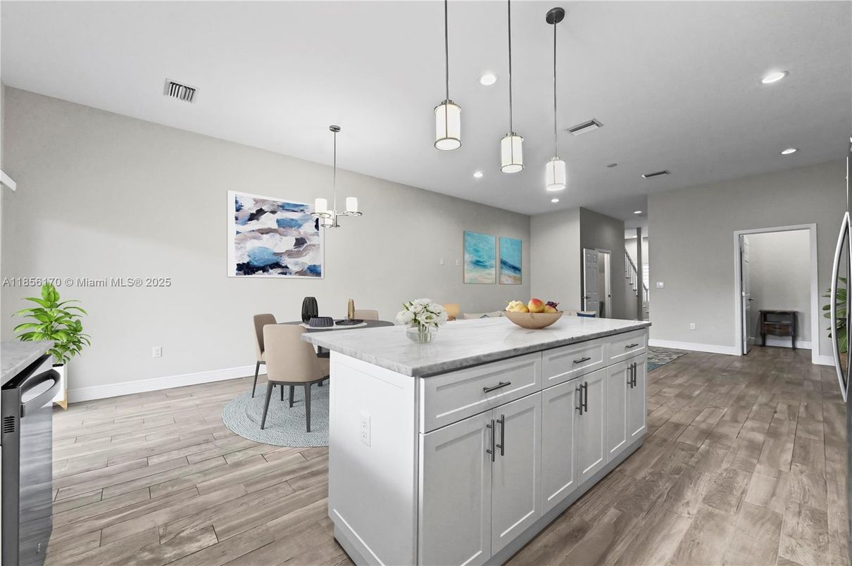 Dining room, Interior, Kitchen, Pendant Lights, Recessed Lighting, Wood Texture Flooring