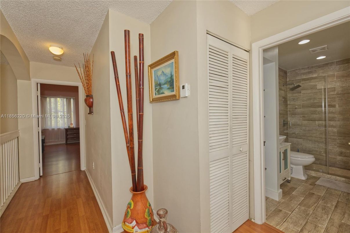 Bathroom, Glass Shower, Interior, Recessed Lighting, Wood Texture Flooring