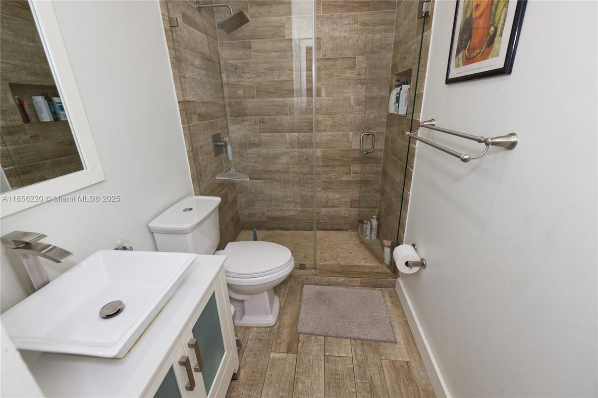 Bathroom, Glass Shower, Interior, Wood Texture Flooring