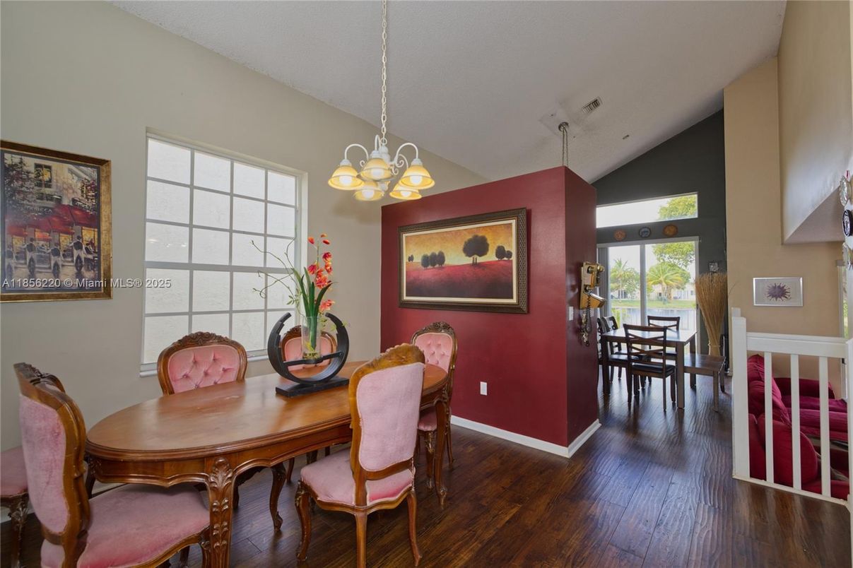 Dining room, Interior, Pendant Lights, Wood Texture Flooring