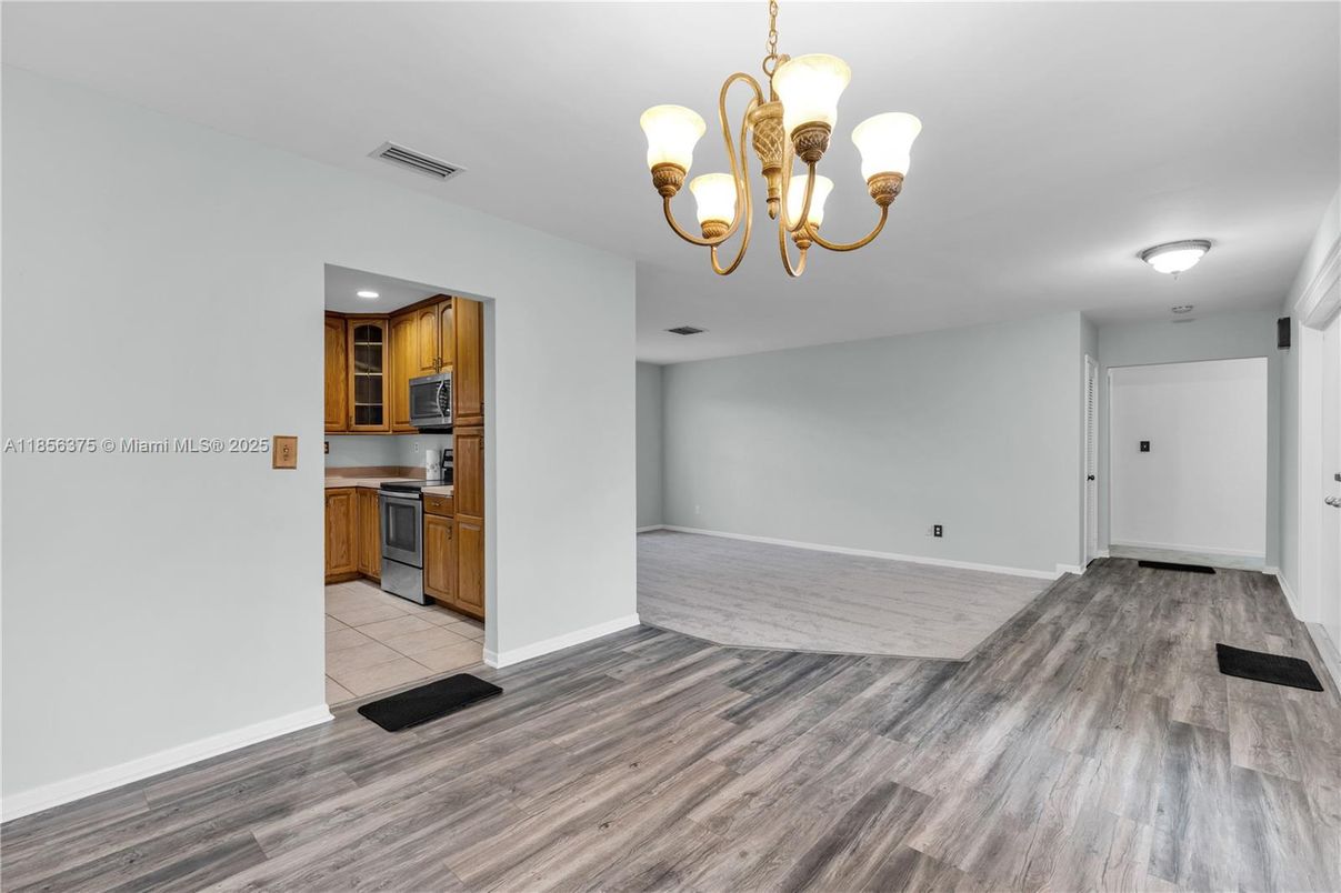 Chandelier, Empty room, Interior, Kitchen, Wood Texture Flooring