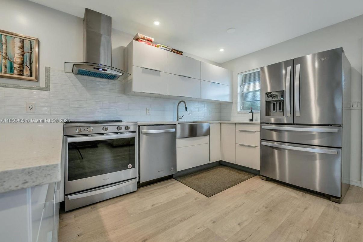 Interior, Kitchen, Recessed Lighting, Stainless Steel Appliances, Wood Texture Flooring