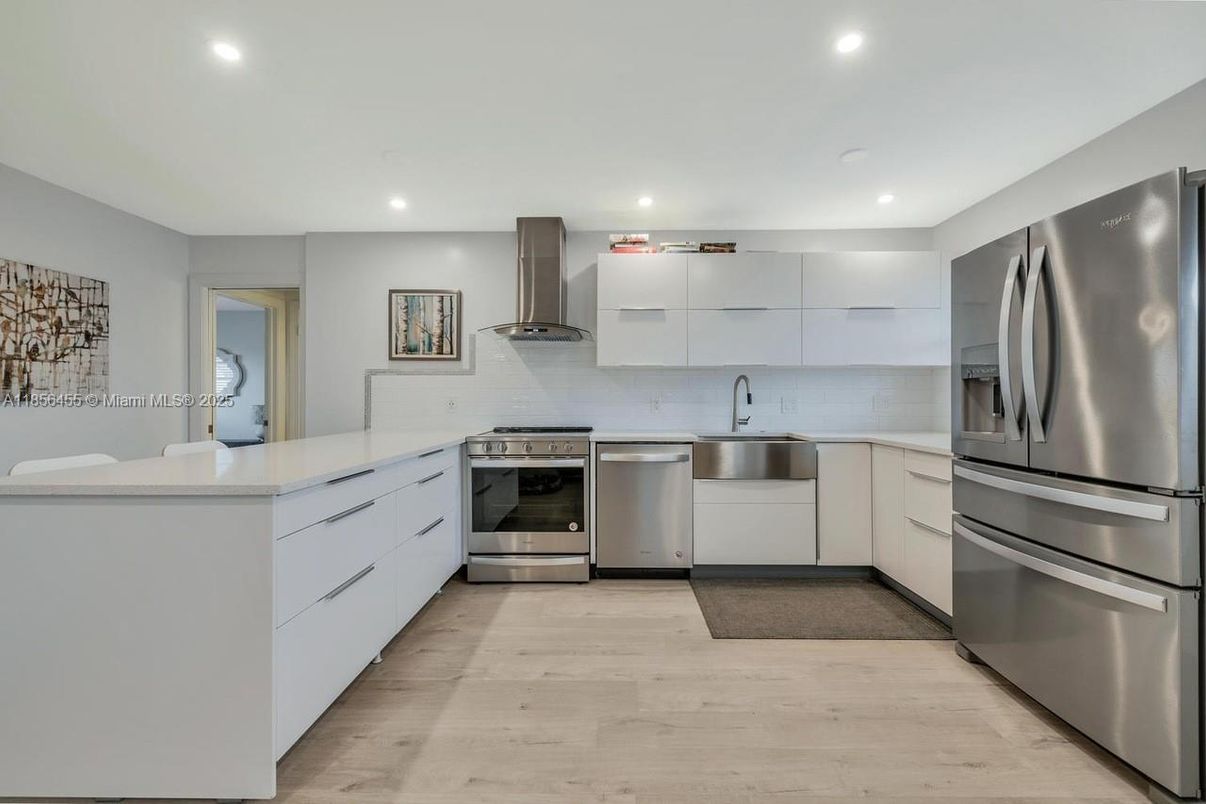 Interior, Kitchen, Recessed Lighting, Stainless Steel Appliances, Wood Texture Flooring