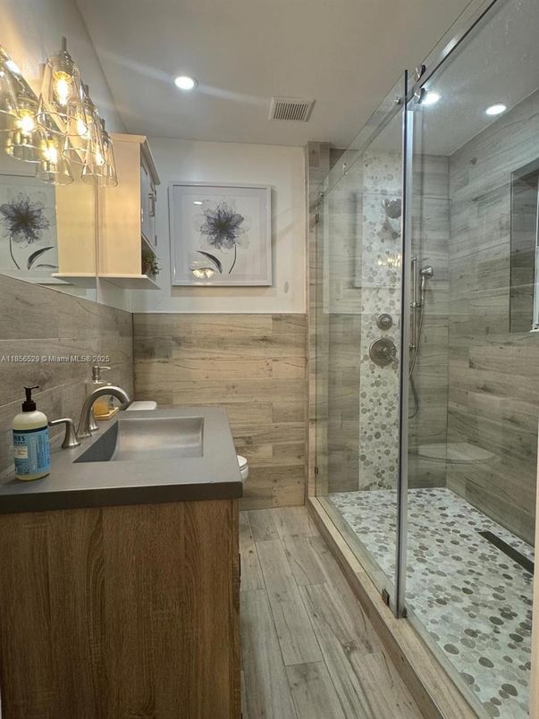 Bathroom, Glass Shower, Interior, Recessed Lighting, Wood Texture Flooring