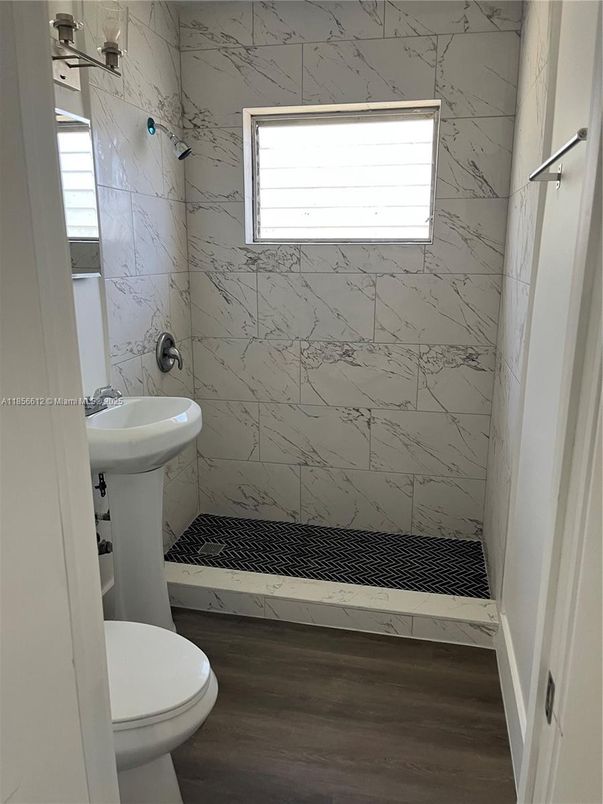 Bathroom, Interior, Marble Walls, Wood Texture Flooring