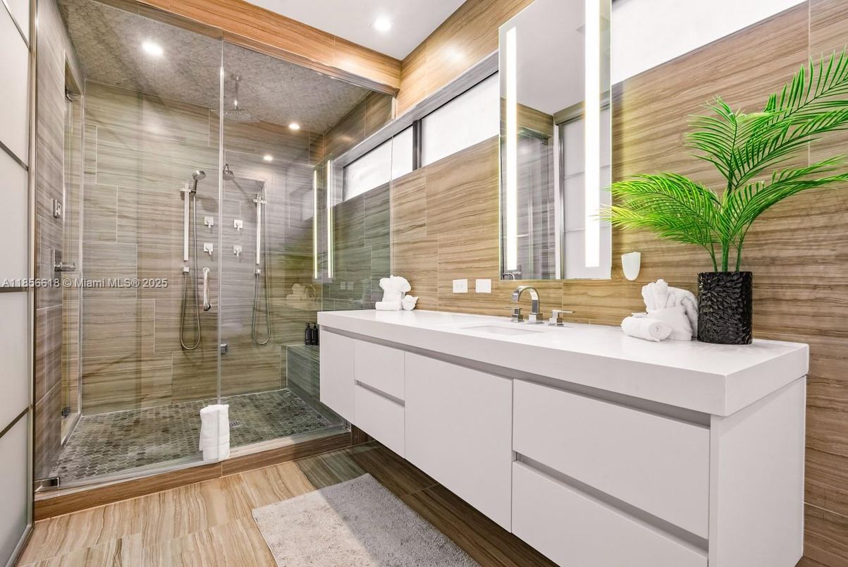 Bathroom, Glass Shower, Interior, Recessed Lighting, Wood Texture Flooring