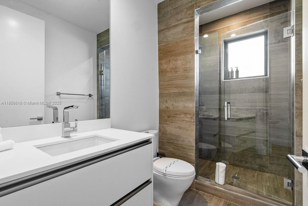 Bathroom, Glass Shower, Interior, Wood Texture Flooring