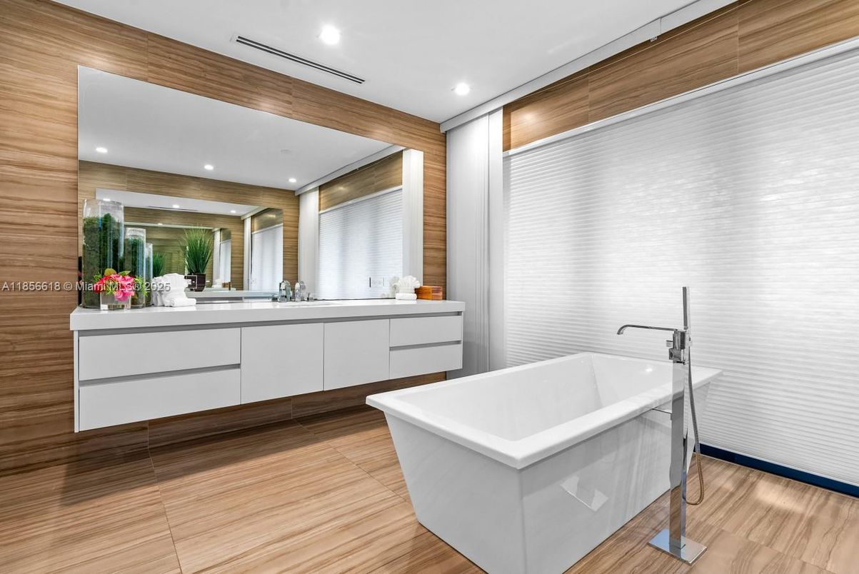 Bathroom, Dual Sink Vanities, Free Standing Baths, Interior, Recessed Lighting, Wood Texture Flooring, Wooden Walls