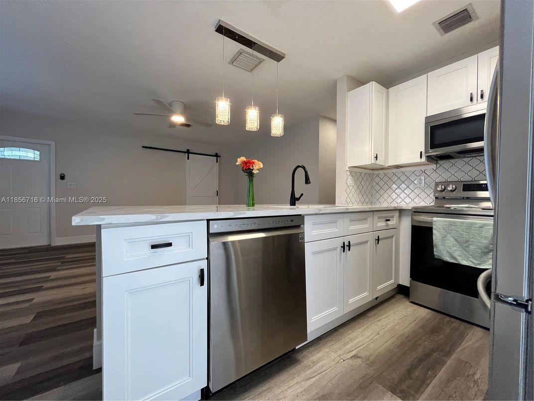 Interior, Kitchen, Pendant Lights, Stainless Steel Appliances, Wood Texture Flooring