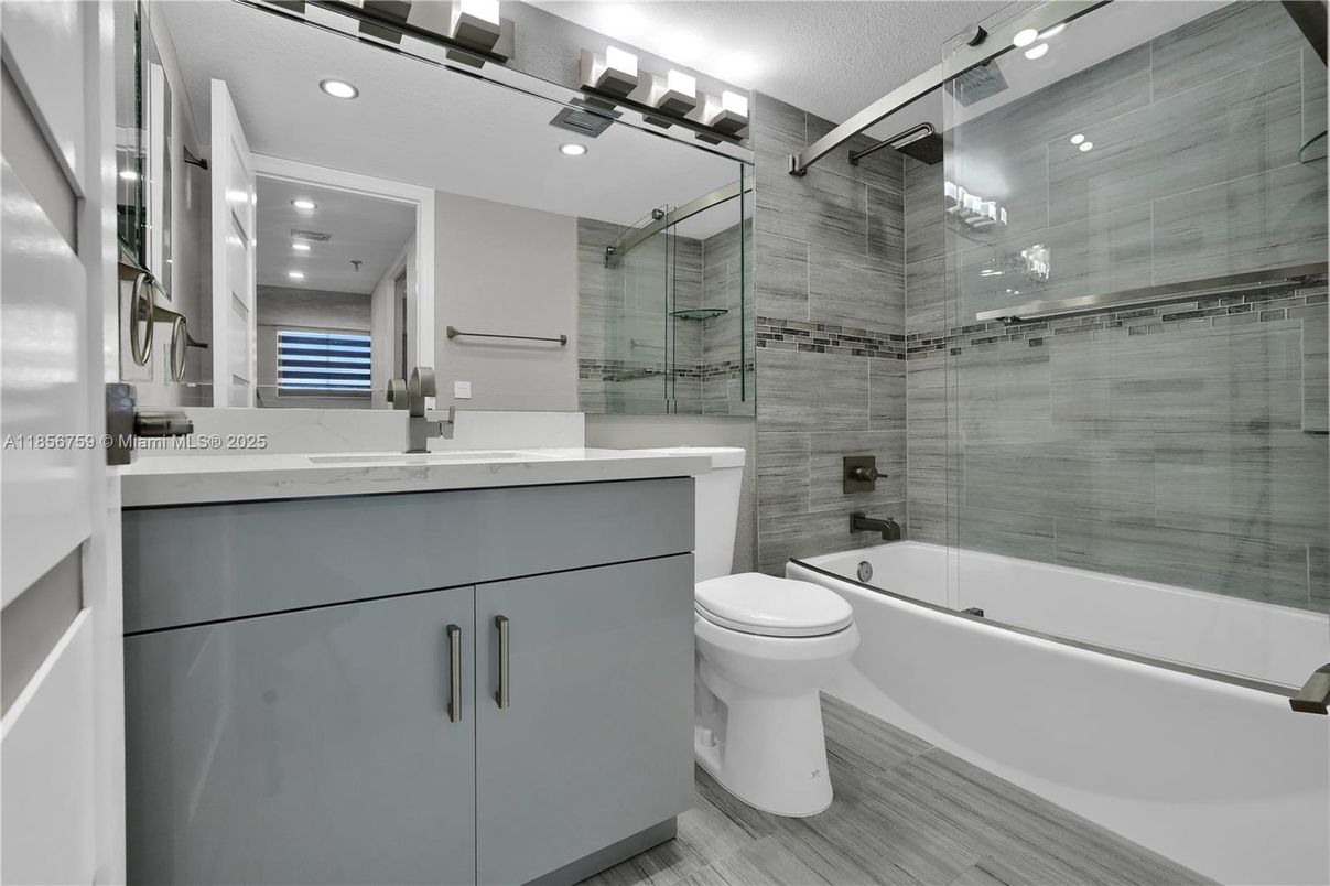Bathroom, Glass Shower, Interior, Recessed Lighting, Wood Texture Flooring