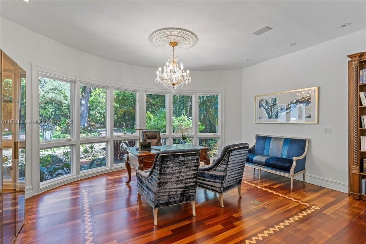 Chandelier, Home Office, Interior, Recessed Lighting, Wood Texture Flooring