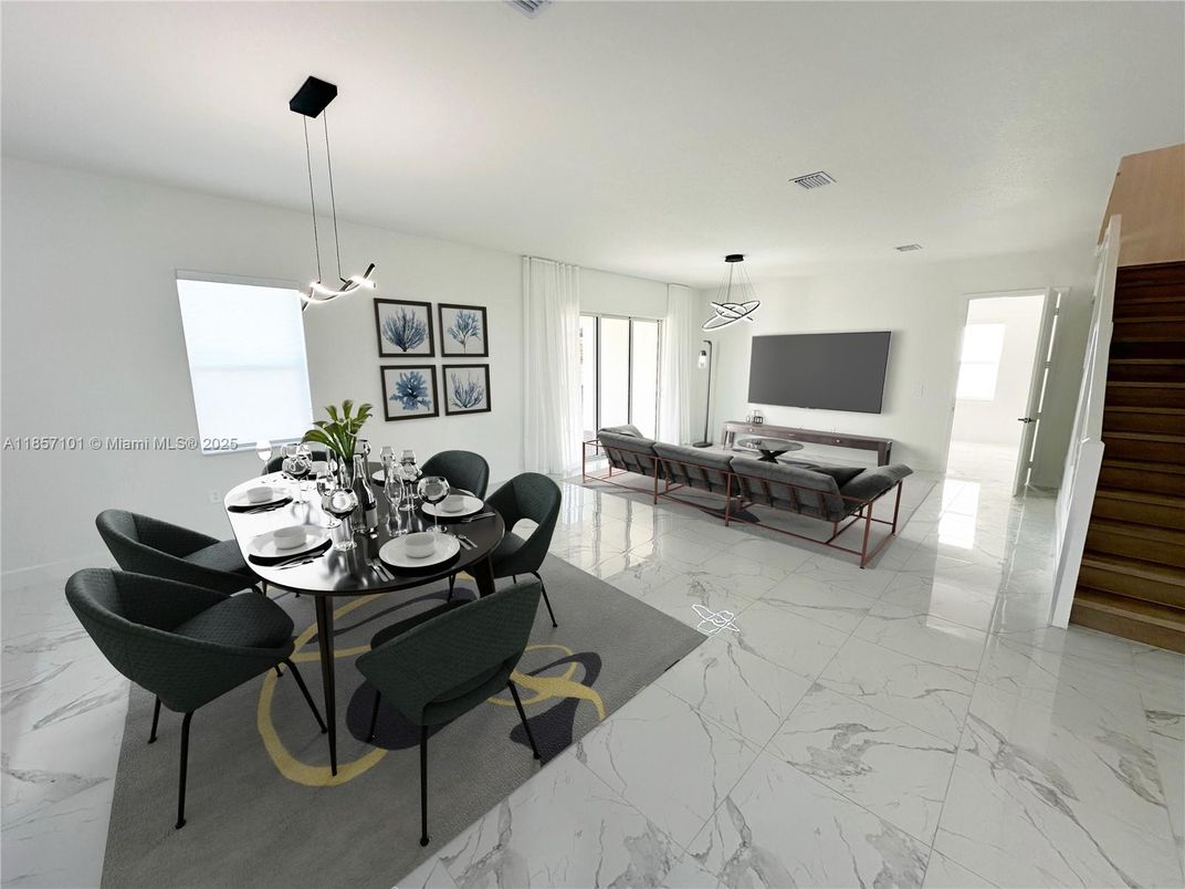 Dining room, Interior, Living room, Marble, Pendant Lights