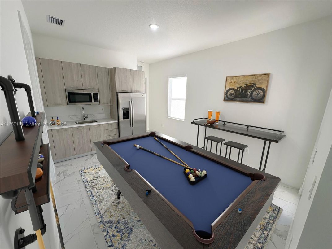 Billiard Table, Game Room, Interior, Kitchen, Marble, Recessed Lighting, Stainless Steel Appliances