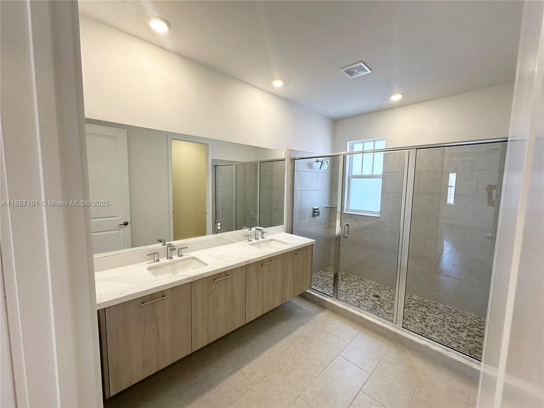 Bathroom, Dual Sink Vanities, Glass Shower, Interior, Recessed Lighting